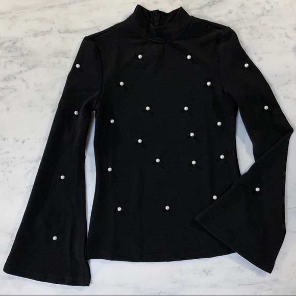 Classy Black Shirt with Pearls and Split Sleeve - Picture 2 of 8